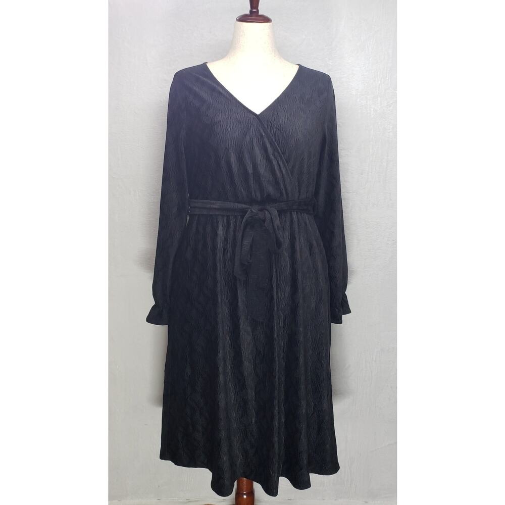 Polagram Black Velour Midi Dress L – Belted, Pockets, Modest Fit & Flare